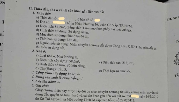 Bán nhà Thống Nhất P. 16 Quận Gò Vấp, 4T, giảm giá còn 8 tỷ